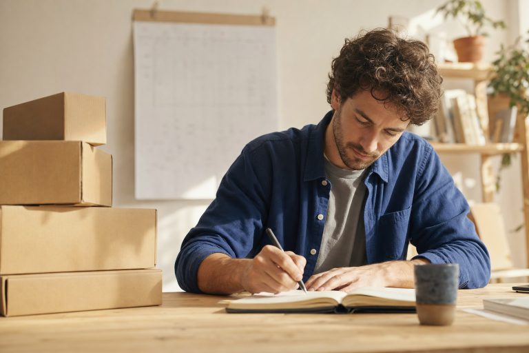 Someone writing a date into a paper notebook, beside stacked parcels and a wall calendar.