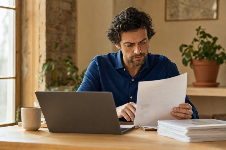 Someone reading a printed page at a desk beside a laptop, with a stack of paper nearby.