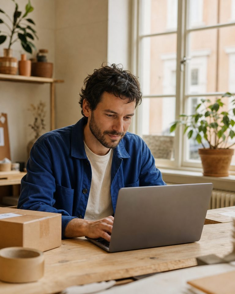 Someone sitting down at a laptop on a work table, a parcel beside them.