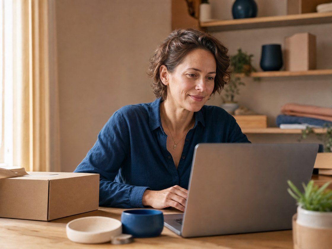 A business owner at a laptop during a guided review.