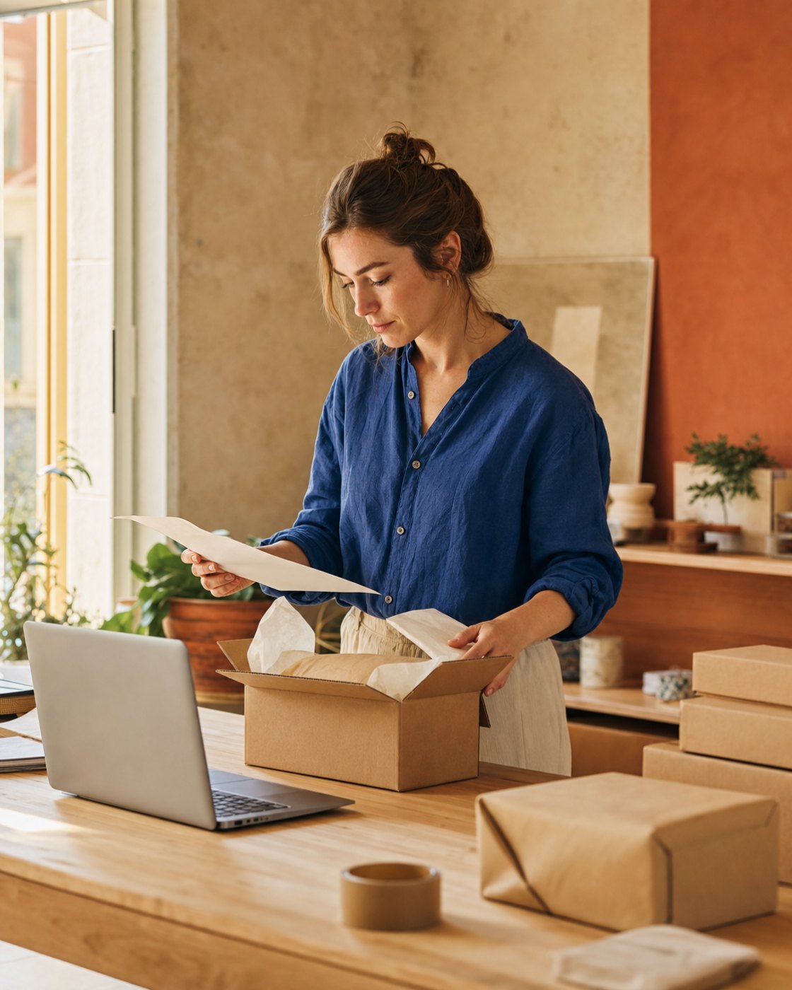 A small-business owner checks paperwork while preparing an online order.