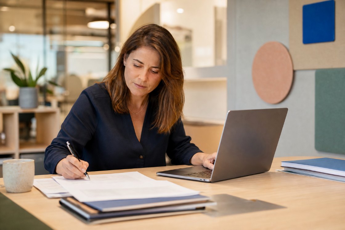 A specialist reviews printed paperwork beside a laptop.