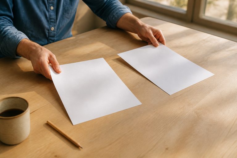 Two plain printed sheets being set down side by side on a table, kept clearly apart.