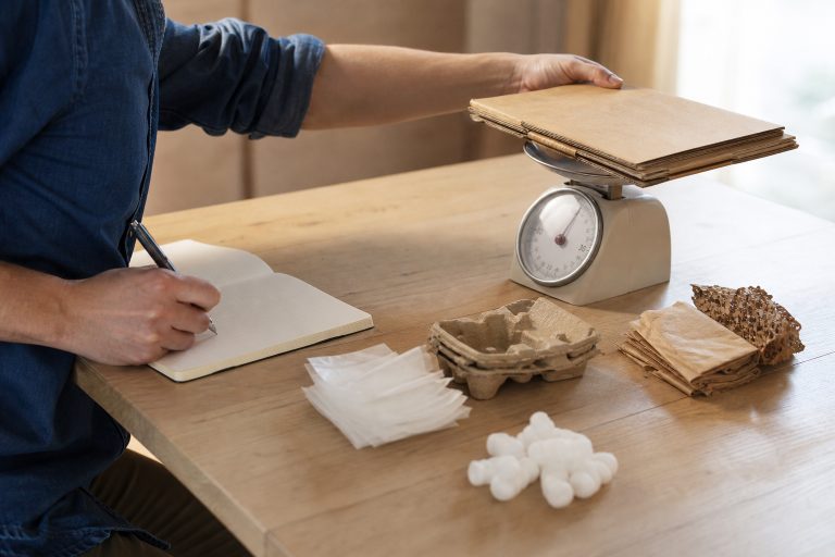 A flattened cardboard stack on a small scale, with plastic film, moulded pulp and kraft paper sorted into separate piles, and a hand noting the figure.