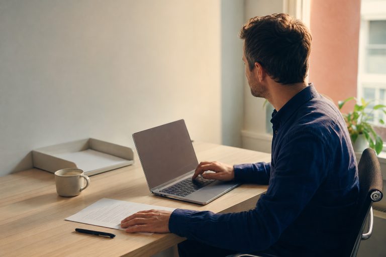 Someone typing at a laptop by a window, one hand resting on a printed sheet.
